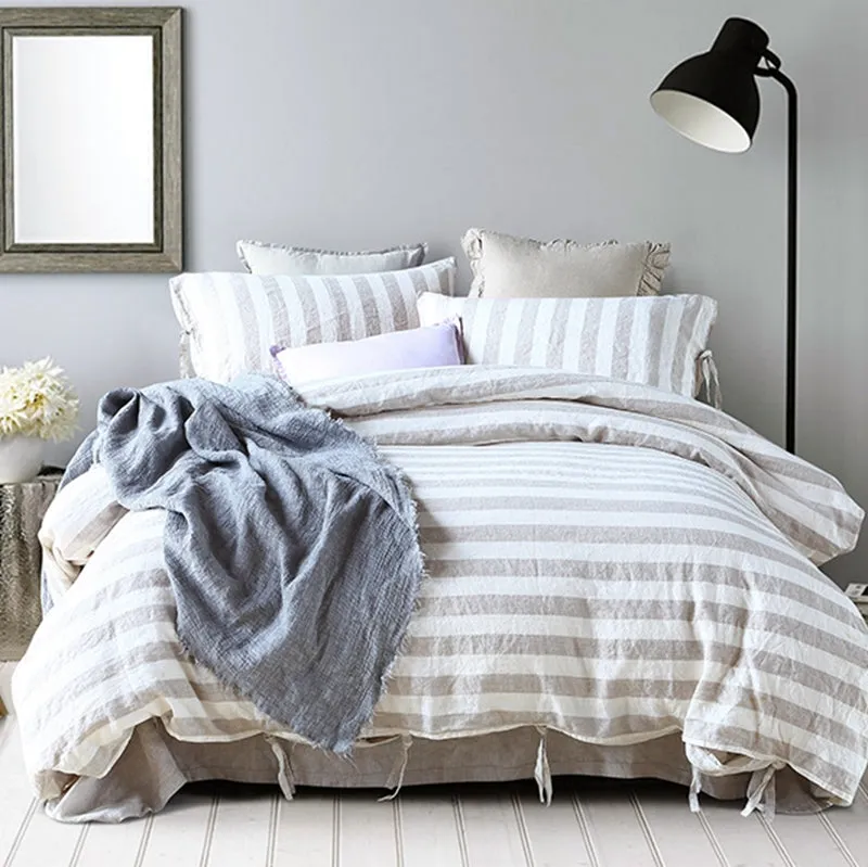 100%Pure Color Linen Striped Linen Bedding Set