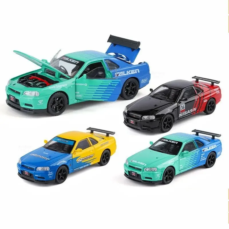 1:32 SCALE NISSAN SKYLINE GTR MODELS ALLOY DIECAST TOY CAR MODEL SOUND & LIGHT PULL BACK TOY CAR FOR KIDS BEST GIFT FOR COLLECTION [ COLOR AS PER STOCK ]