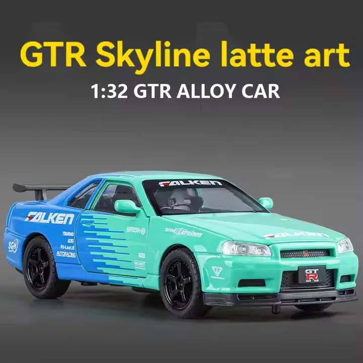 1:32 SCALE NISSAN SKYLINE GTR MODELS ALLOY DIECAST TOY CAR MODEL SOUND & LIGHT PULL BACK TOY CAR FOR KIDS BEST GIFT FOR COLLECTION [ COLOR AS PER STOCK ]