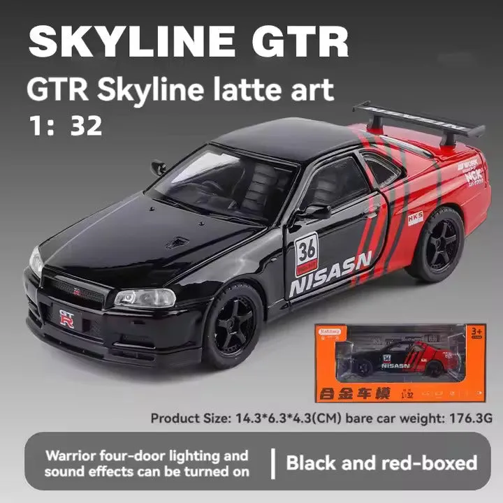 1:32 SCALE NISSAN SKYLINE GTR MODELS ALLOY DIECAST TOY CAR MODEL SOUND & LIGHT PULL BACK TOY CAR FOR KIDS BEST GIFT FOR COLLECTION [ COLOR AS PER STOCK ]