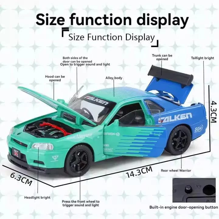 1:32 SCALE NISSAN SKYLINE GTR MODELS ALLOY DIECAST TOY CAR MODEL SOUND & LIGHT PULL BACK TOY CAR FOR KIDS BEST GIFT FOR COLLECTION [ COLOR AS PER STOCK ]