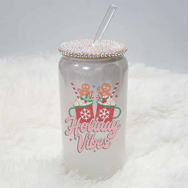 16 oz Holiday Vibes Frosted Iced Coffee Cup for the Holidays - Tumbler with Lid and Straw