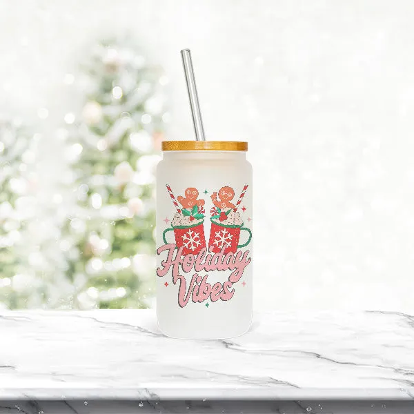 16 oz Holiday Vibes Frosted Iced Coffee Cup for the Holidays - Tumbler with Lid and Straw