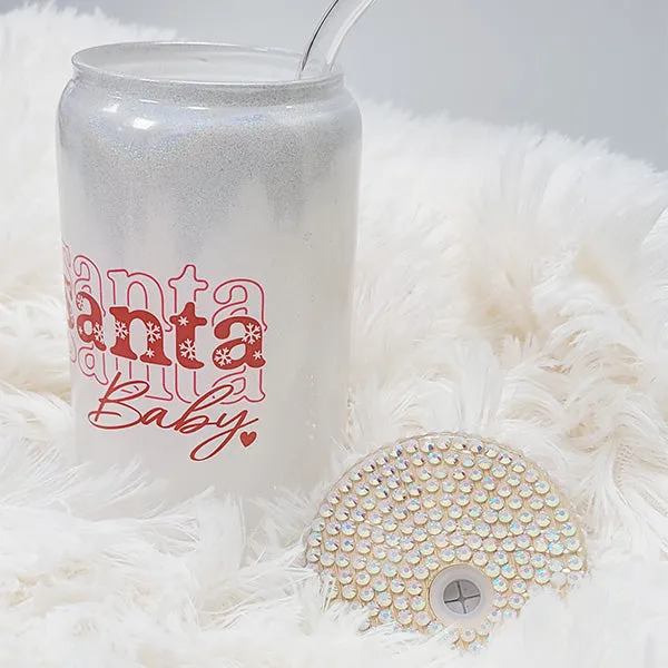 16 oz Santa Baby Glass Cup for the Holidays - With Rhinestone Lid