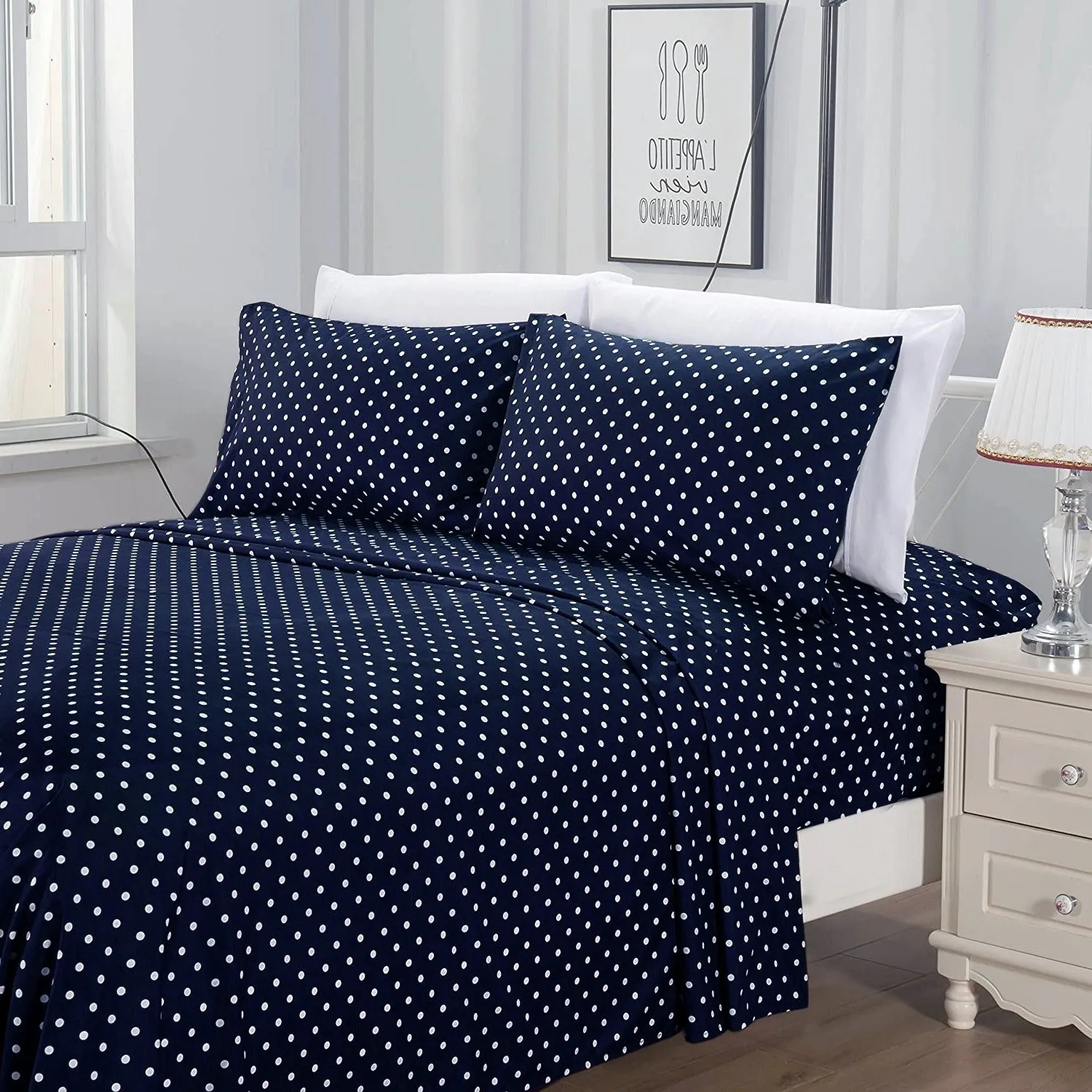 3 PCs Double Bed Sheet -Blue Polka