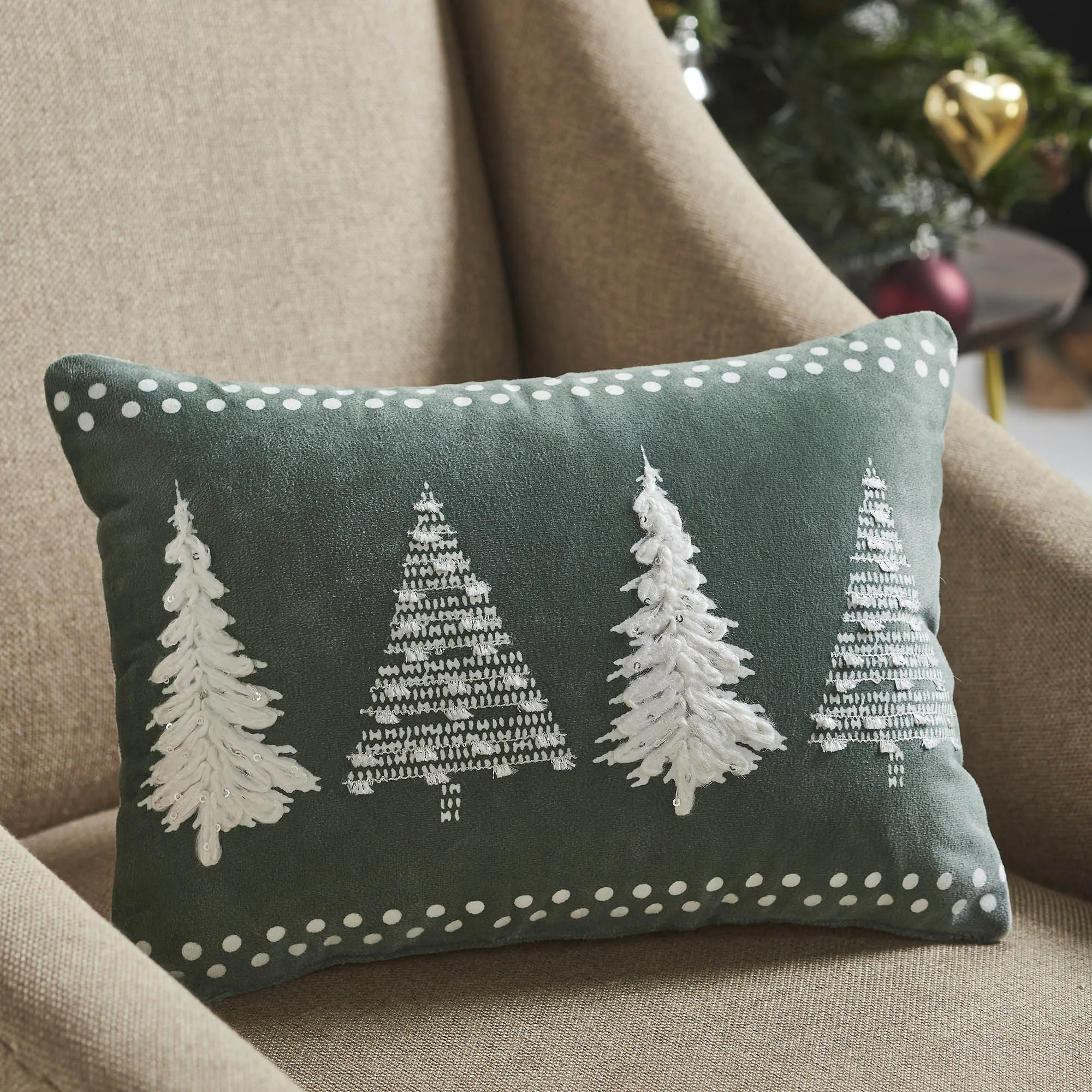 4 Christmas Trees Green Velvet Pillow 14x10