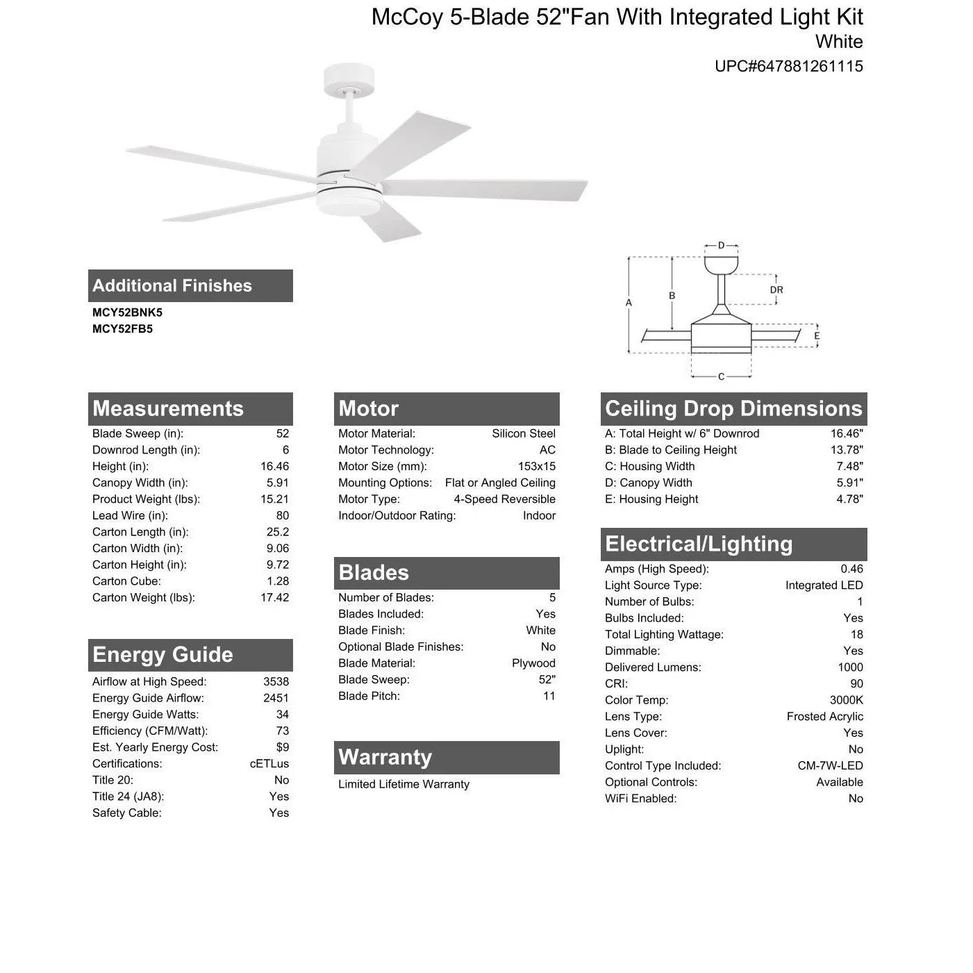 52" McCoy 5-Blade in White w/ White Blades