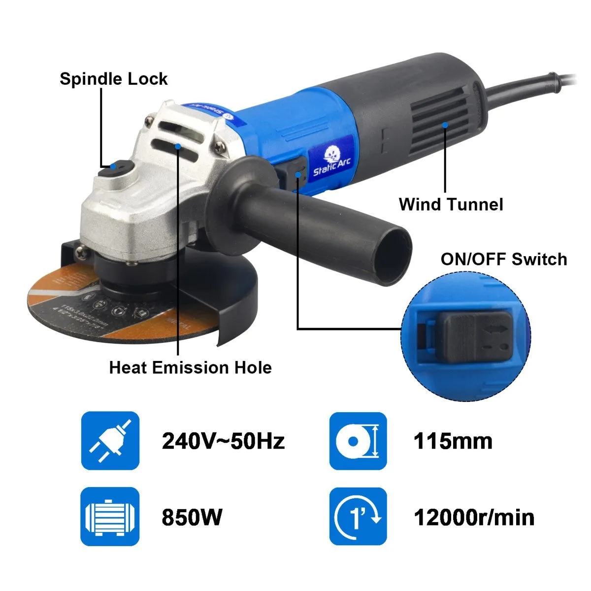 850W ELECTRIC ANGLE GRINDER METAL CUTTING GRINDING SANDING 115mm 4.5" DISC CUT