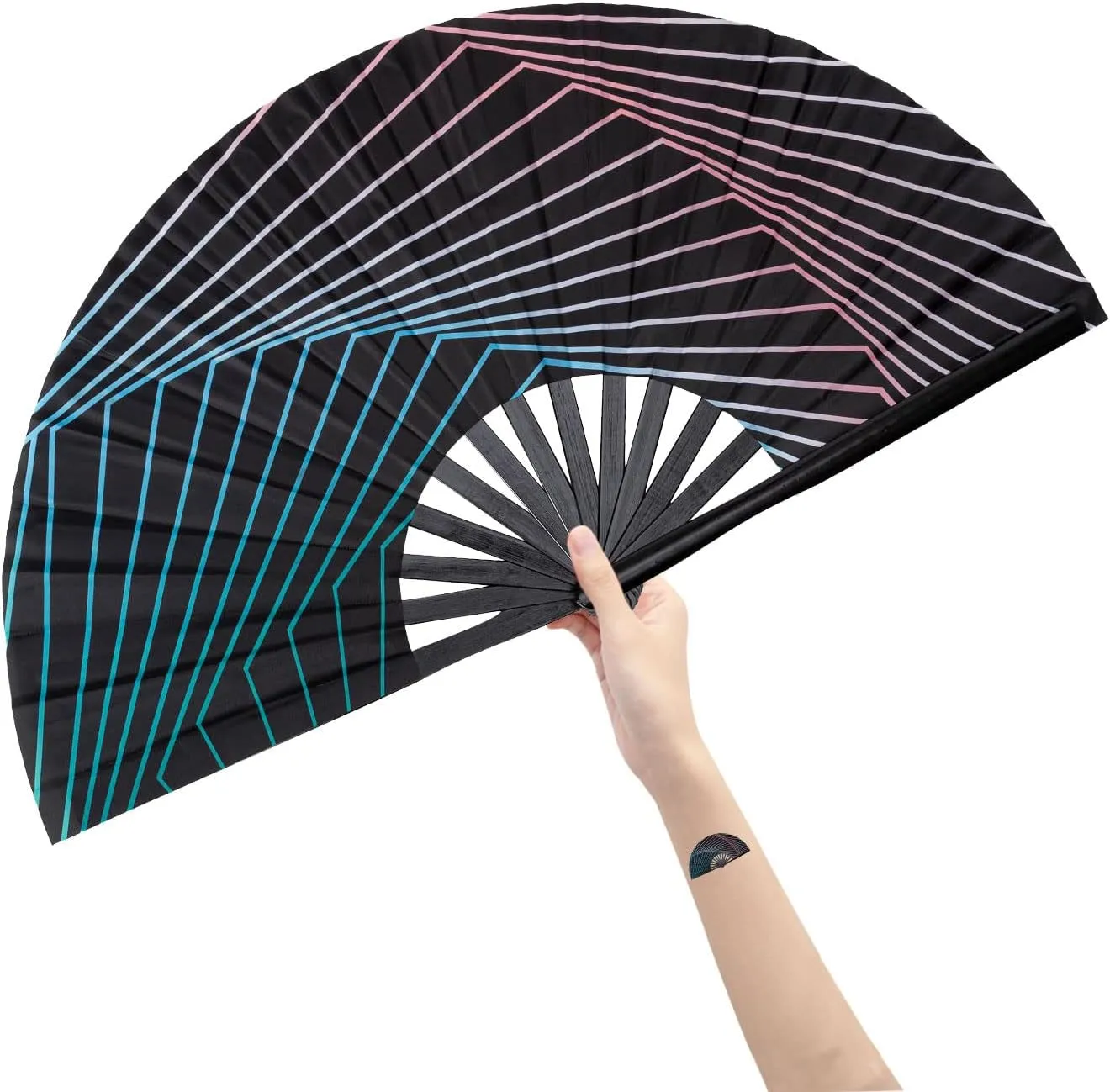 Amajiji Large Folding Hand Rave Fan for Women/Men, Chinease/Japanese Bamboo and Nylon-Cloth Folding Hand Fan, Hand Fan Festival Fan Gift Fan Craft Fan Folding Fan Dance Fan