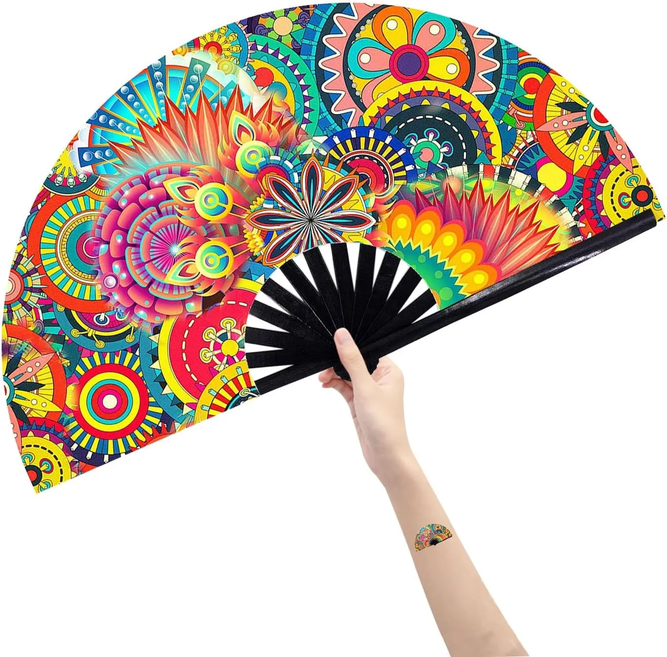 Amajiji Large Folding Hand Rave Fan for Women/Men, Chinease/Japanese Bamboo and Nylon-Cloth Folding Hand Fan, Hand Fan Festival Fan Gift Fan Craft Fan Folding Fan Dance Fan