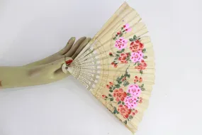 Antique Art Deco Hand Fan, Painted Floral Paper Fan 1920s Cherry Blossoms Painted Wood Frame, Vanity Decor