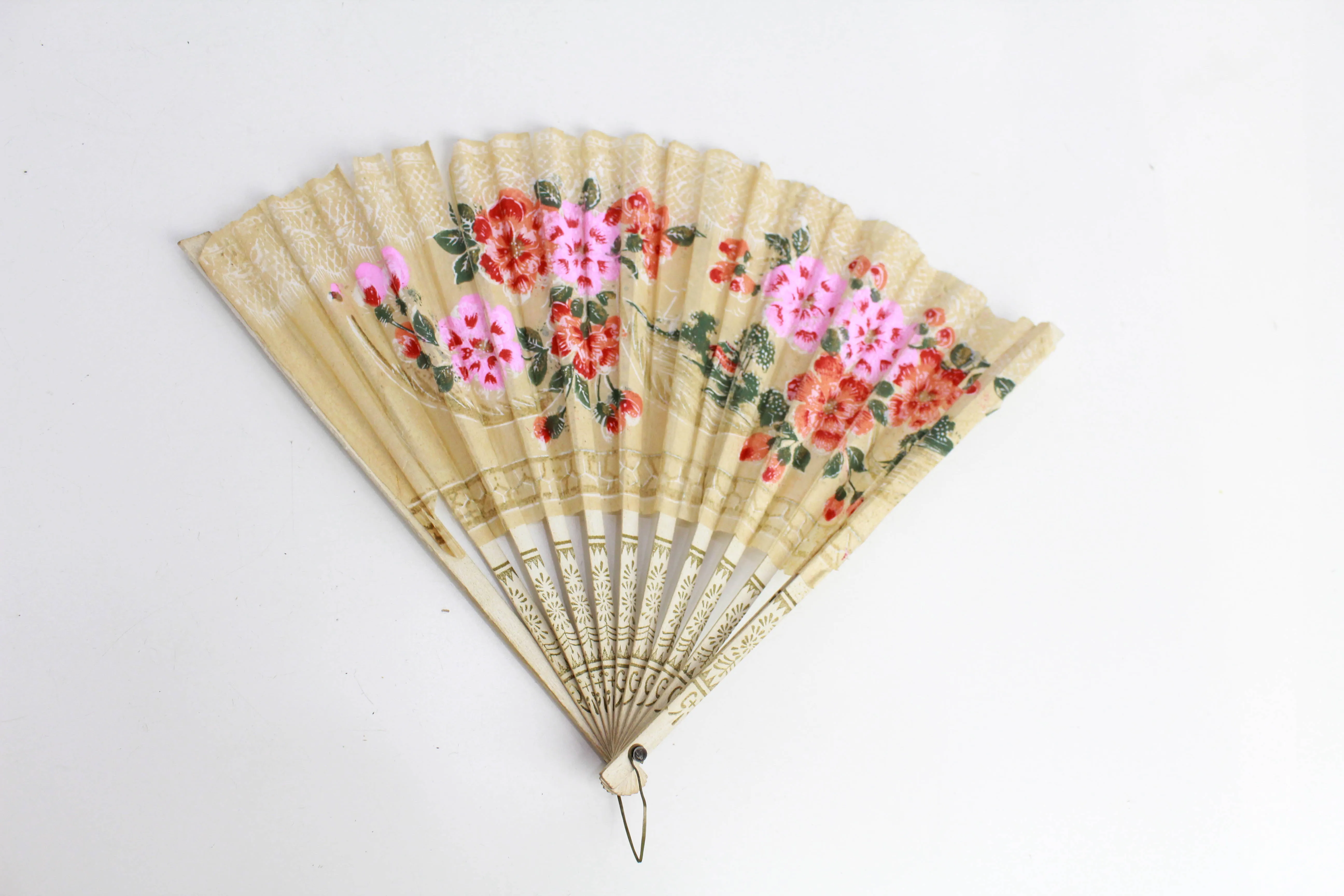 Antique Art Deco Hand Fan, Painted Floral Paper Fan 1920s Cherry Blossoms Painted Wood Frame, Vanity Decor