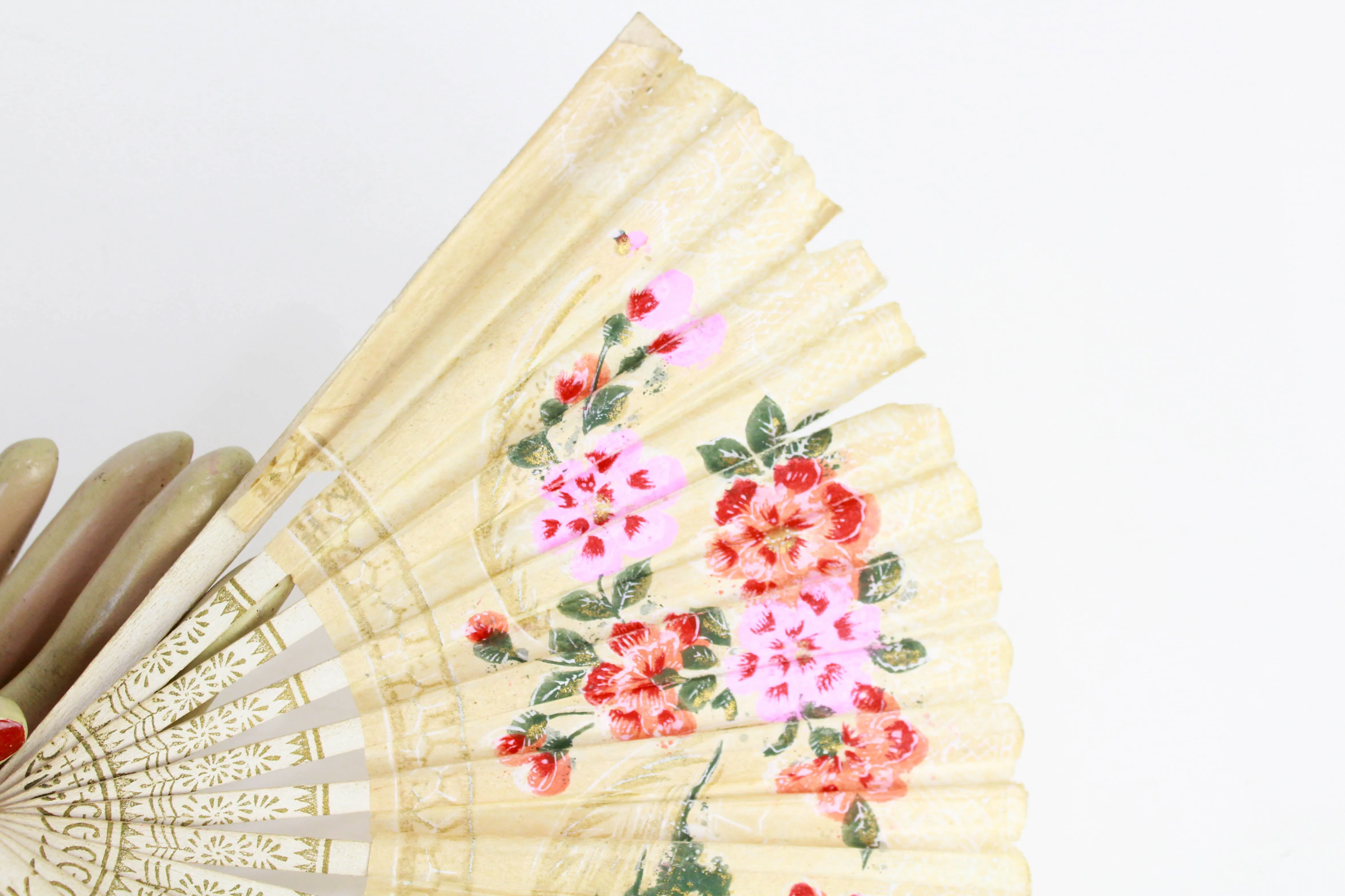 Antique Art Deco Hand Fan, Painted Floral Paper Fan 1920s Cherry Blossoms Painted Wood Frame, Vanity Decor