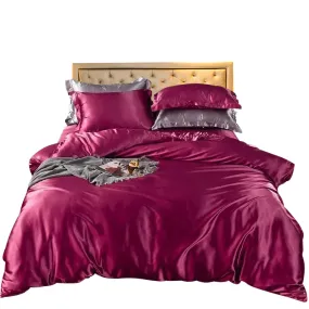 Anyhouz Beddings Magenta AU Single Size 3 Pcs High End Satin Smooth Duvet Cover Set Luxury Polyester Silky Soft Cozy Bedding Set