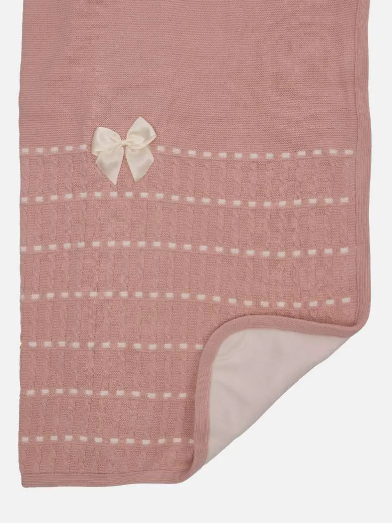 Baby Dotted Stripe Knitted Spanish Blanket with Satin Bow-Dusty Pink