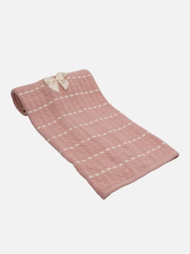 Baby Dotted Stripe Knitted Spanish Blanket with Satin Bow-Dusty Pink