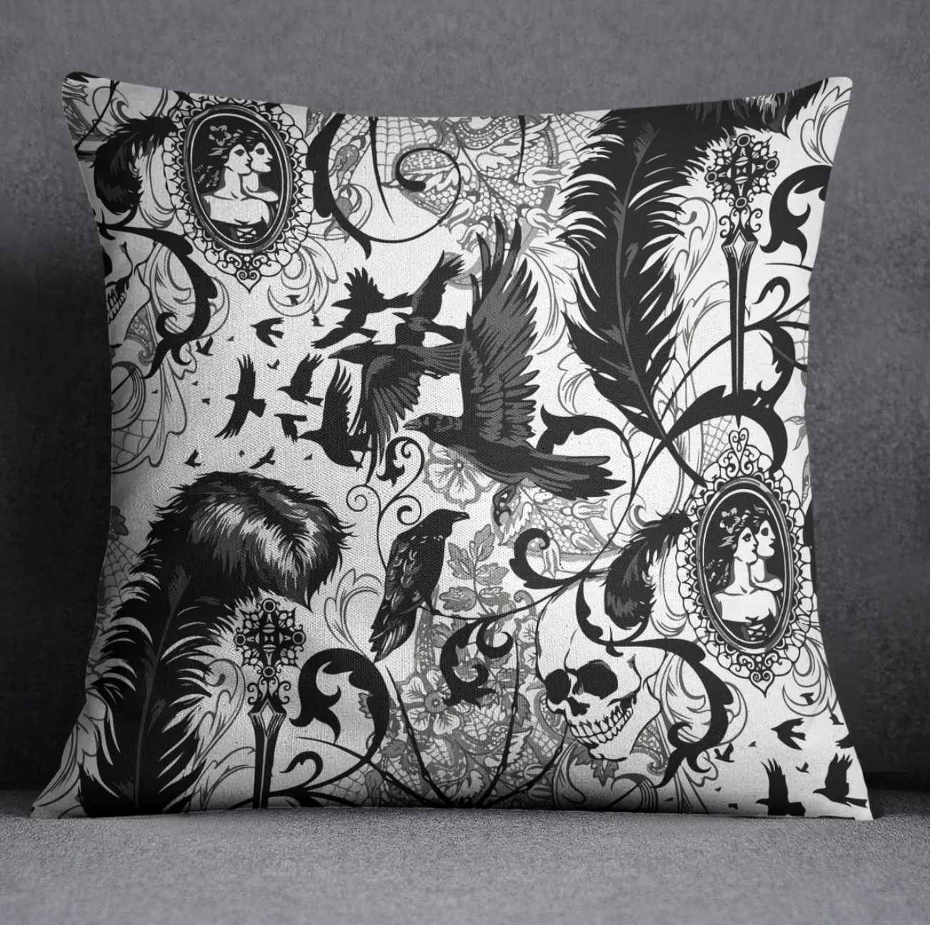 Baroque Raven Skull Throw Pillow