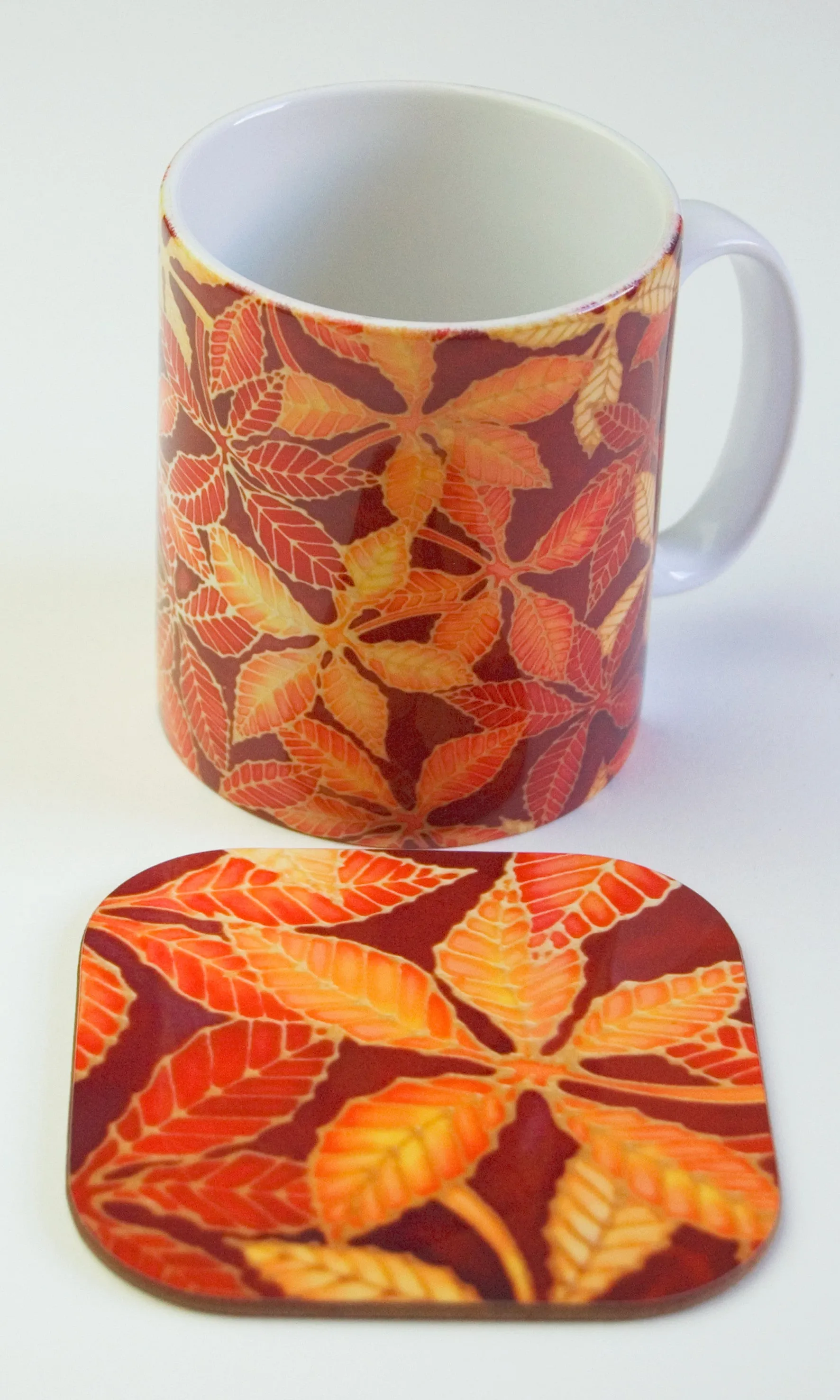 Beech Leaves Mug - Mug and Coaster Box Set - Red Mug Set - Autumn Mug Gift