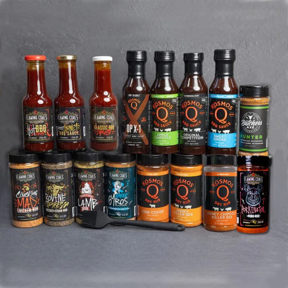 Beef Lamb Chicken & Pork Ultimate BBQ Rub and Sauce 16 pack by Flaming Coals