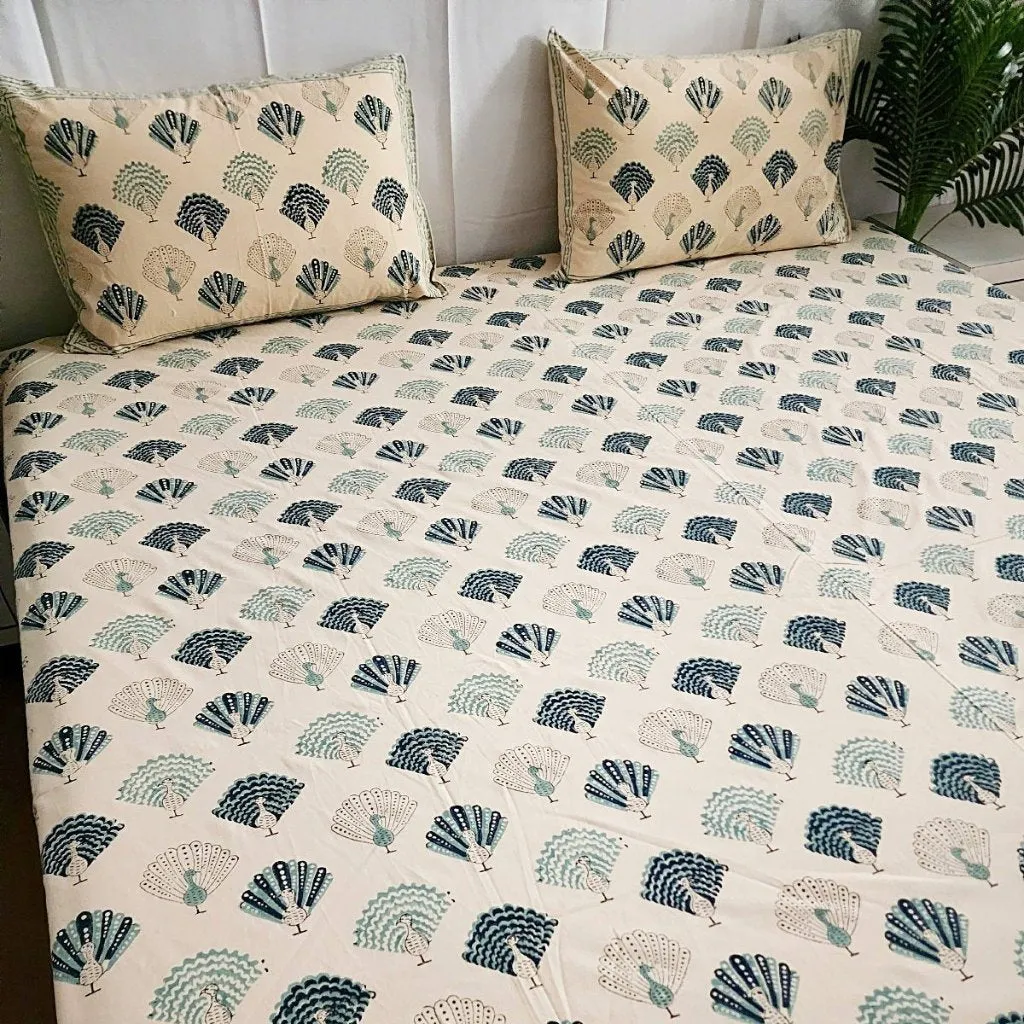 Beige Feather Print Blockprint Bedsheet