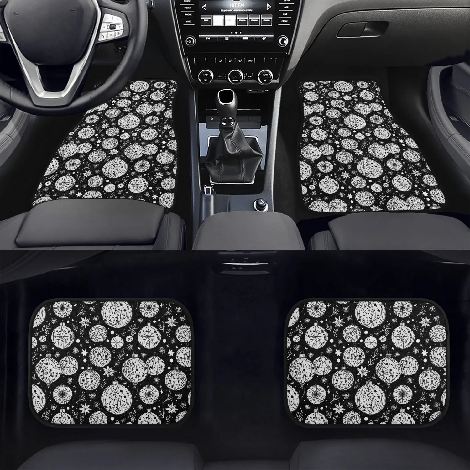 Black and White Ornament Car Floor Mats - 4Pcs