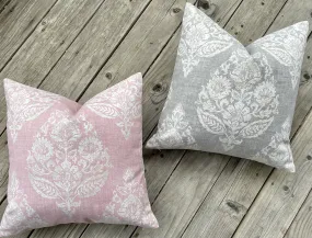 Block Print Damask Pillow Cover / Pink Cream Floral Cushion / Damask Pillow Cover / French Country Pillow Cover