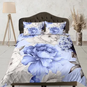 Blue & White Peony Blue Duvet Cover Set, Floral Bedspread Dorm Bedding Set