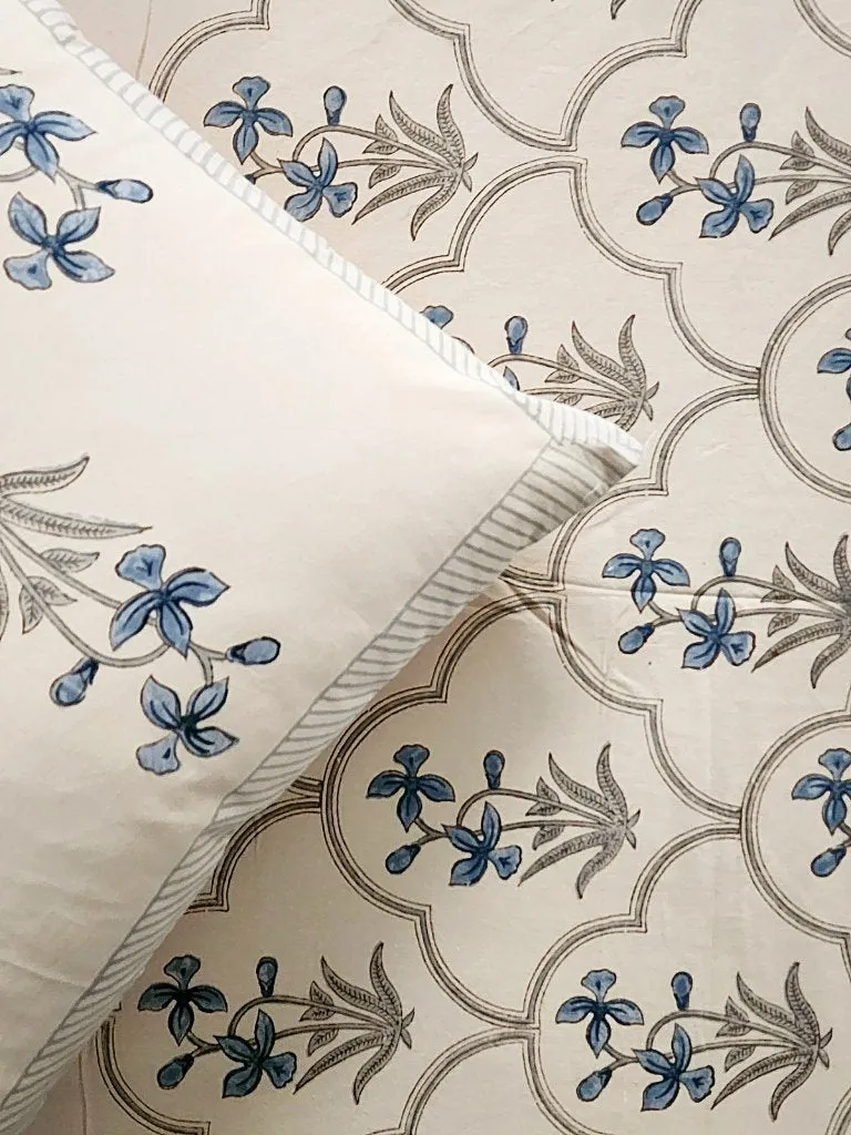 Blue and Beige Floral Print Blockprint Bedsheet