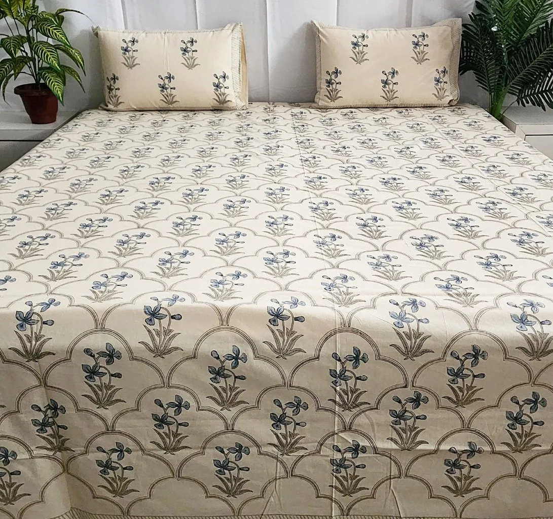 Blue and Beige Floral Print Blockprint Bedsheet