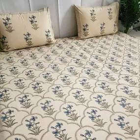 Blue and Beige Floral Print Blockprint Bedsheet