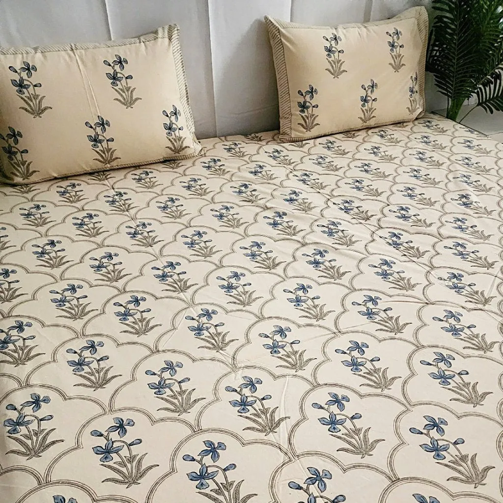 Blue and Beige Floral Print Blockprint Bedsheet