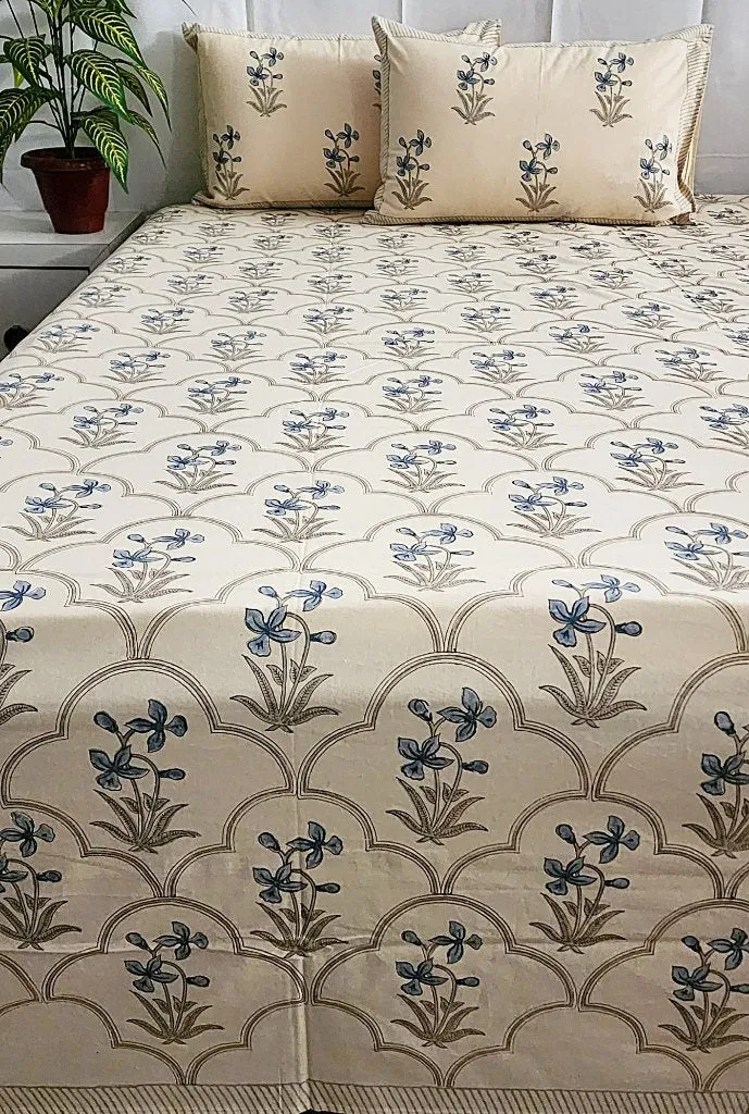 Blue and Beige Floral Print Blockprint Bedsheet