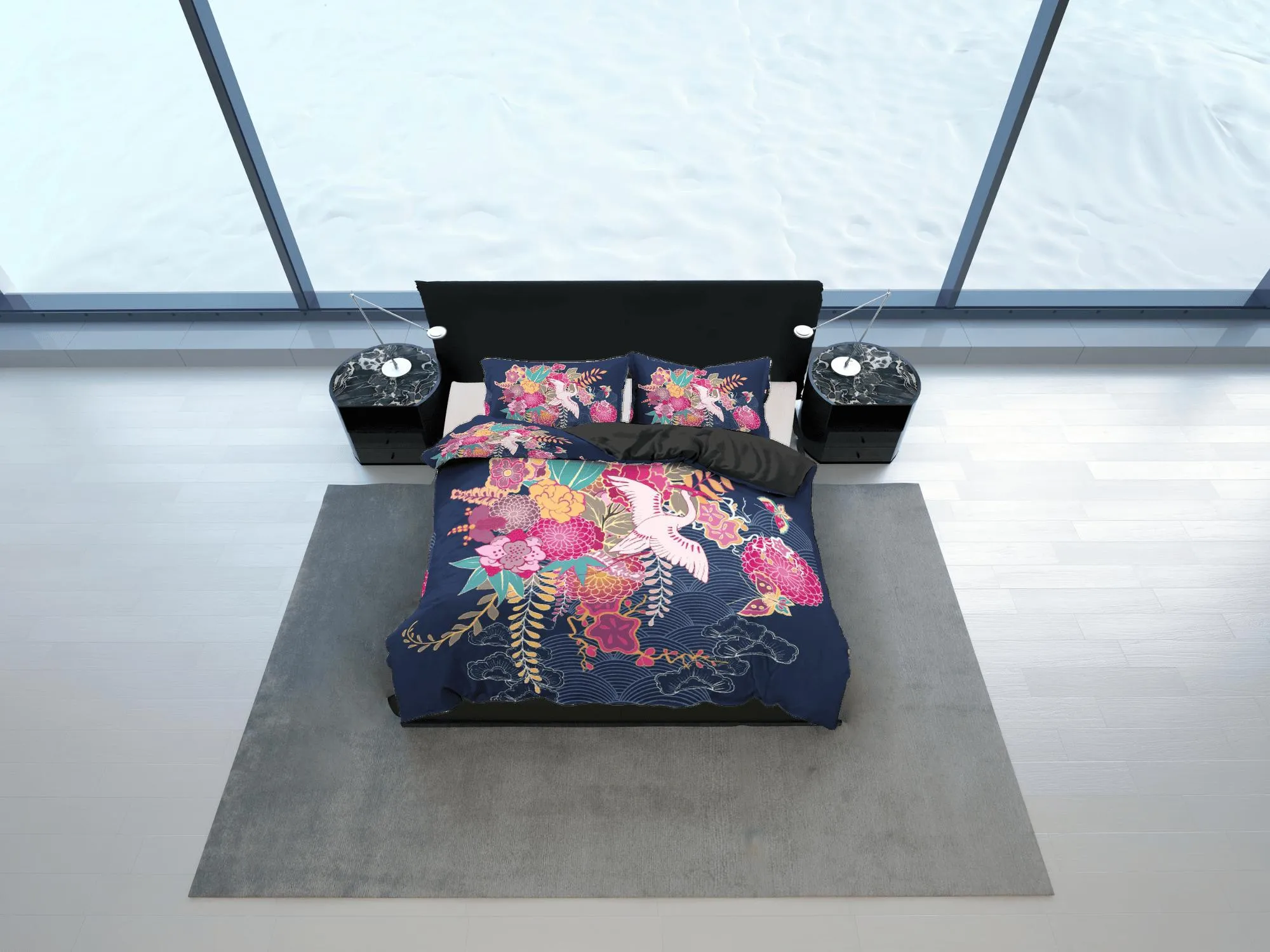 Blue Floral Duvet Cover Set, Japanese Ikebana Crane Bird Comforter Cover Set Pillowcase | Size King, Queen, Full, Twin & Single Bedding Set