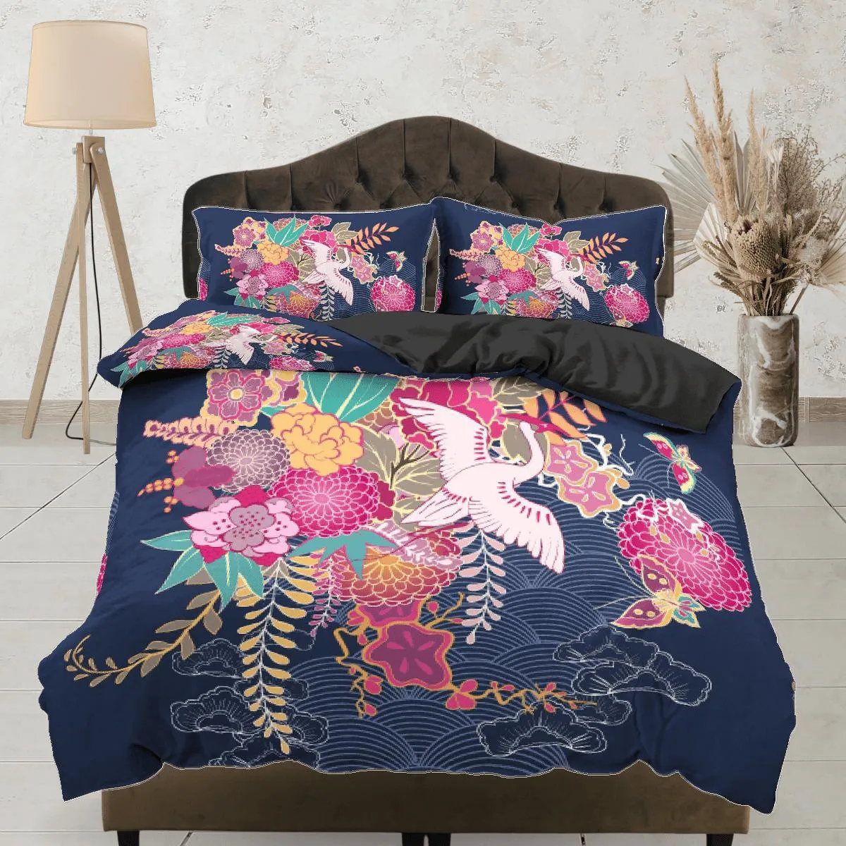 Blue Floral Duvet Cover Set, Japanese Ikebana Crane Bird Comforter Cover Set Pillowcase | Size King, Queen, Full, Twin & Single Bedding Set