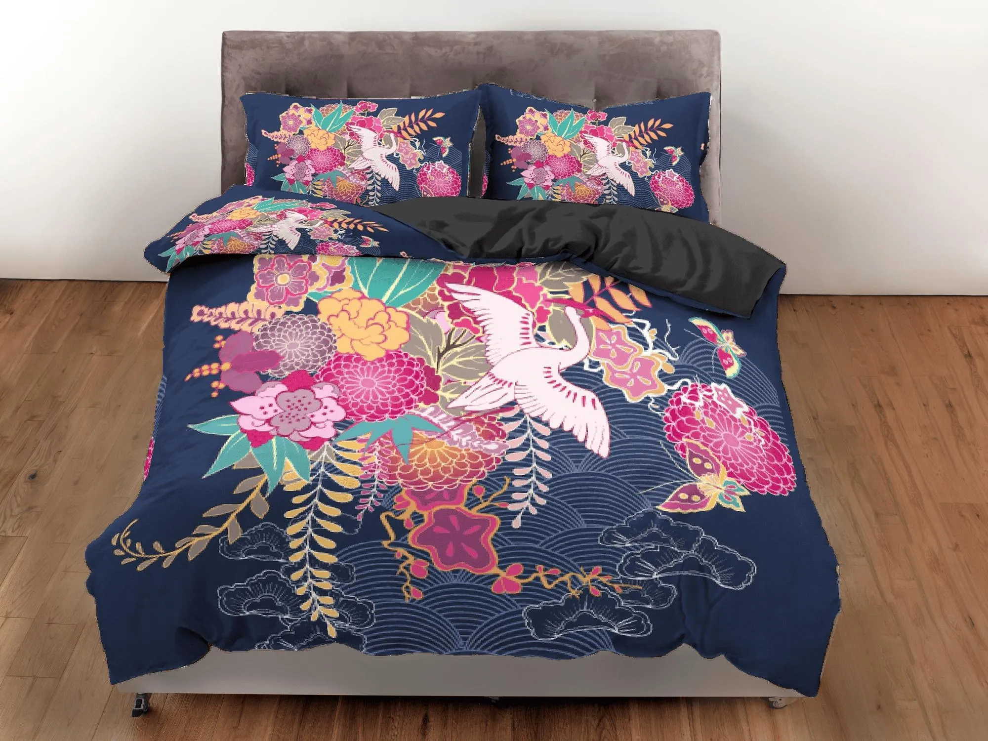 Blue Floral Duvet Cover Set, Japanese Ikebana Crane Bird Comforter Cover Set Pillowcase | Size King, Queen, Full, Twin & Single Bedding Set