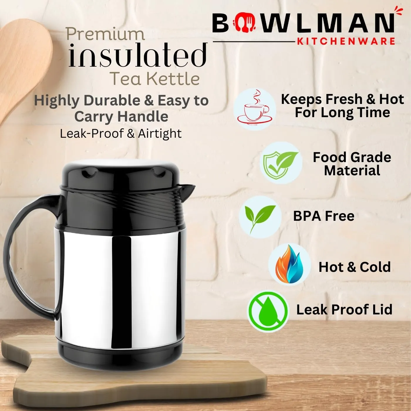 Bowlman Thermosteel Vacuum Insulated 24 Hours Hot or Cold Tea Pot 100% Leak Proof Easy to Carry Ideal for Tea/Coffee/Juice/Water Steel Flask, Water Beverage Travel Bottle, Jug Pack of 1 (1500 ml)