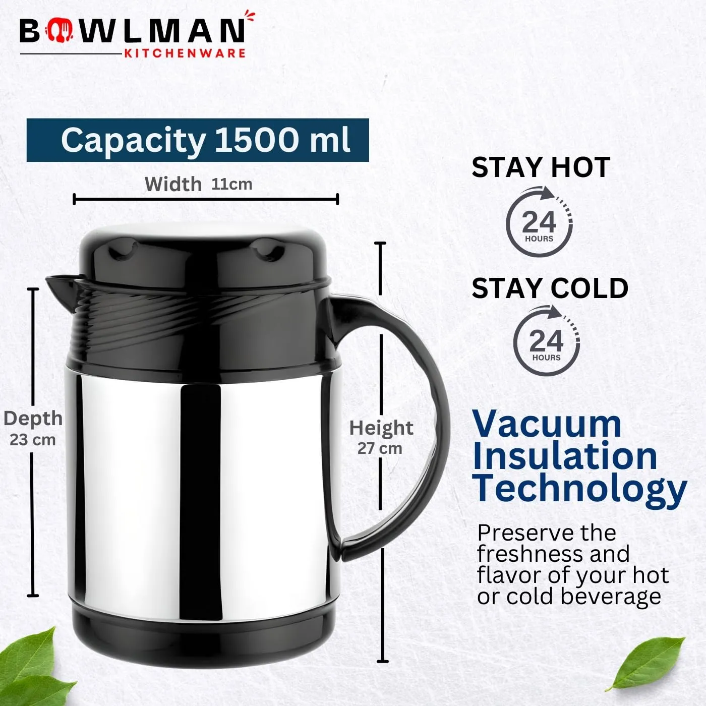 Bowlman Thermosteel Vacuum Insulated 24 Hours Hot or Cold Tea Pot 100% Leak Proof Easy to Carry Ideal for Tea/Coffee/Juice/Water Steel Flask, Water Beverage Travel Bottle, Jug Pack of 1 (1500 ml)