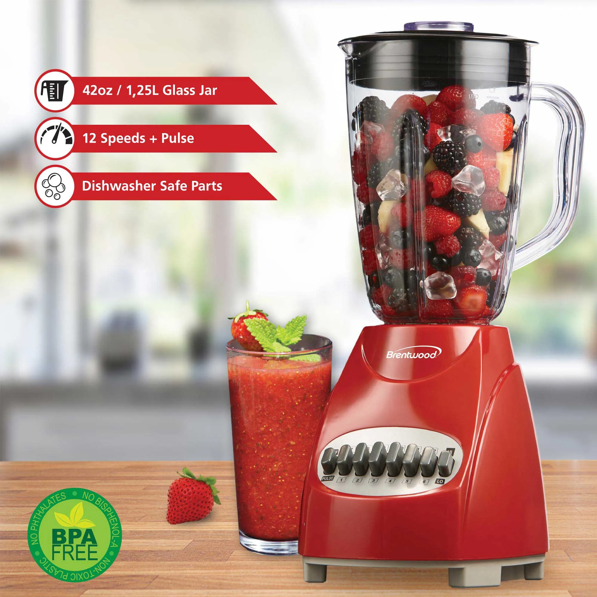 Brentwood JB-920R 12-Speed   Pulse Blender with Glass Jar, Red