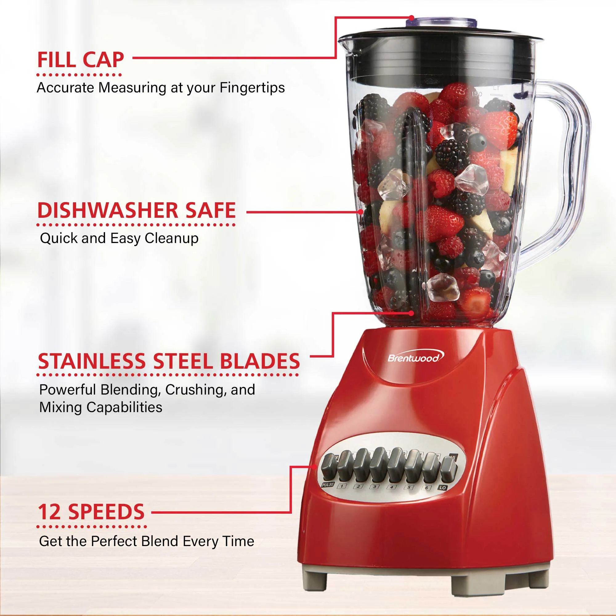 Brentwood JB-920R 12-Speed   Pulse Blender with Glass Jar, Red