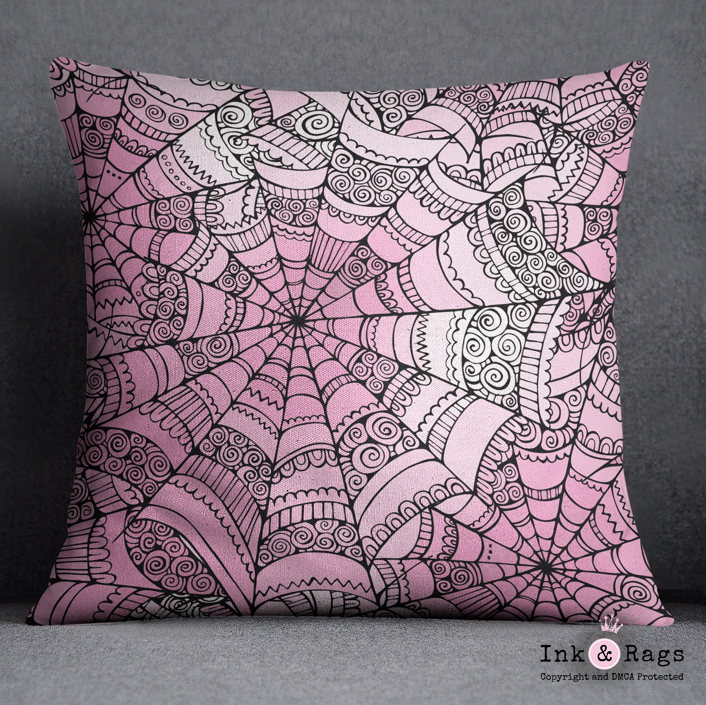 Bubble Gum Goth Spider Web Throw Pillow