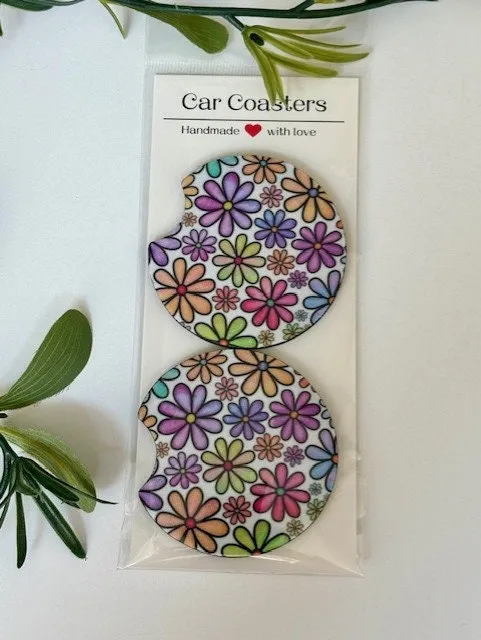 Car Coasters, Set of 2 Coasters, Floral Car Coasters, Floral Smiley Trendy Car Coasters, Neoprene Absorbent Coasters