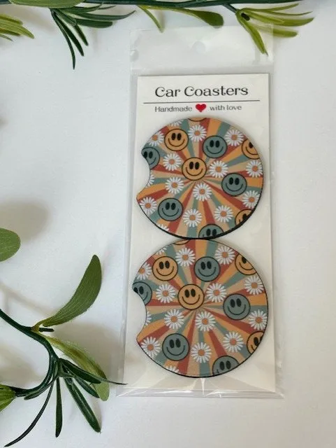 Car Coasters, Set of 2 Coasters, Floral Car Coasters, Floral Smiley Trendy Car Coasters, Neoprene Absorbent Coasters