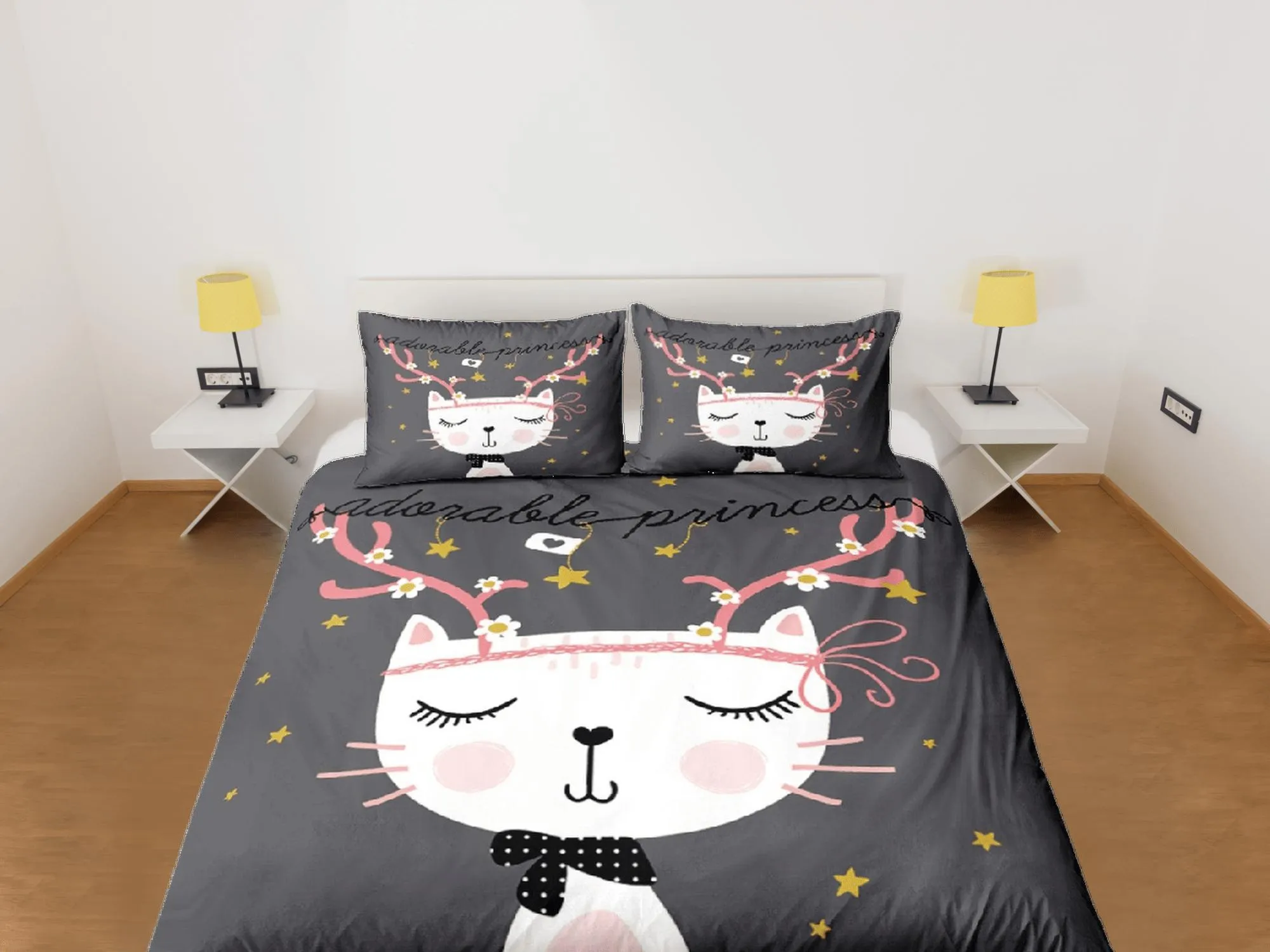 Cat Lover Duvet Cover Grey Bedspread Cute White Cat Bedding for Teens Kids Bedroom Comforter Cover