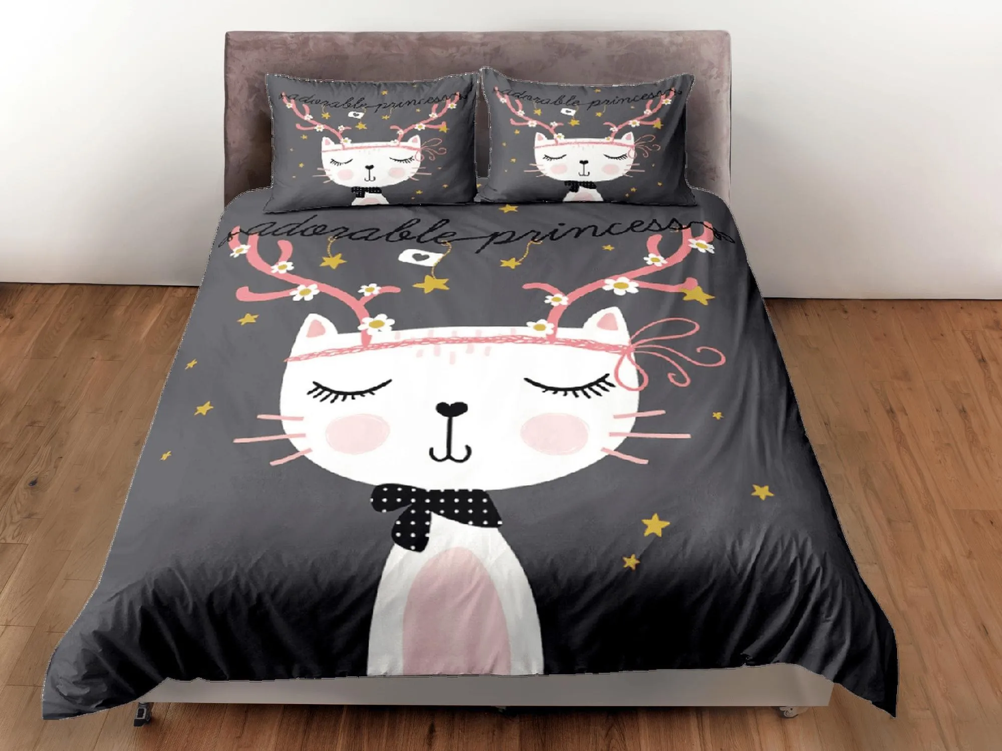 Cat Lover Duvet Cover Grey Bedspread Cute White Cat Bedding for Teens Kids Bedroom Comforter Cover