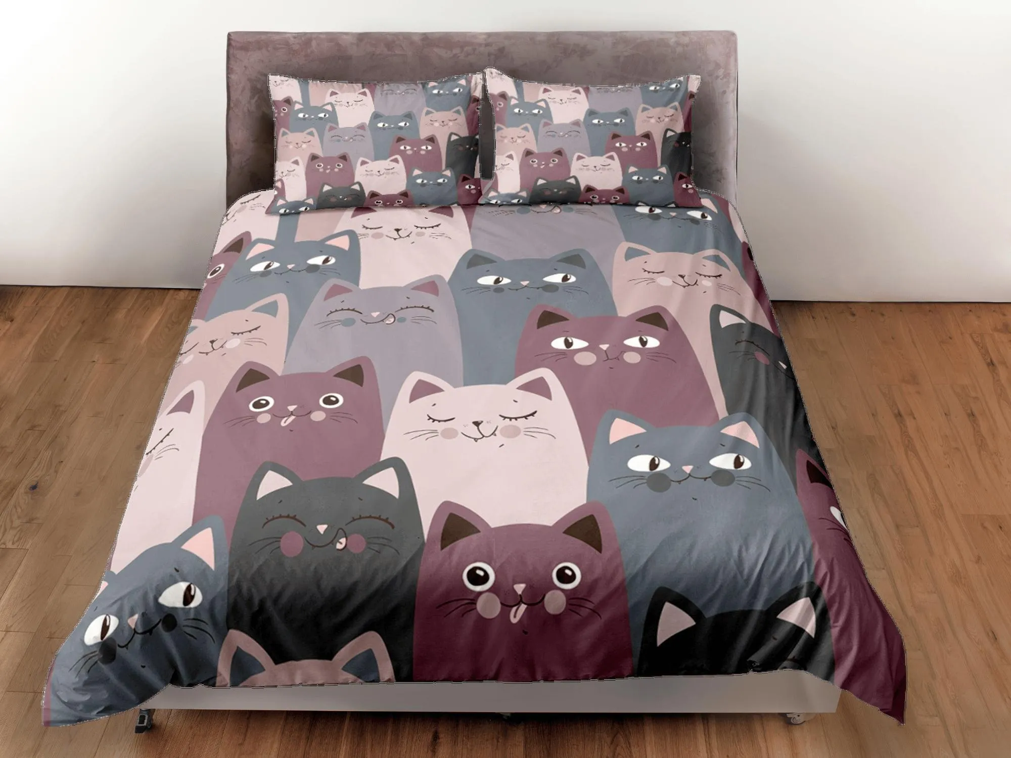 Cat Lover Duvet Cover Set Bedspread, Violet Grey Cute Bedding for Teens Kids Bedroom Comforter Cover