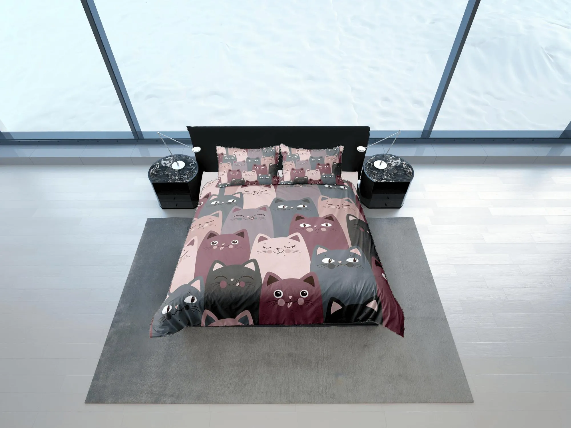 Cat Lover Duvet Cover Set Bedspread, Violet Grey Cute Bedding for Teens Kids Bedroom Comforter Cover