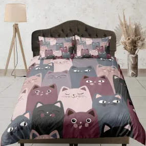 Cat Lover Duvet Cover Set Bedspread, Violet Grey Cute Bedding for Teens Kids Bedroom Comforter Cover