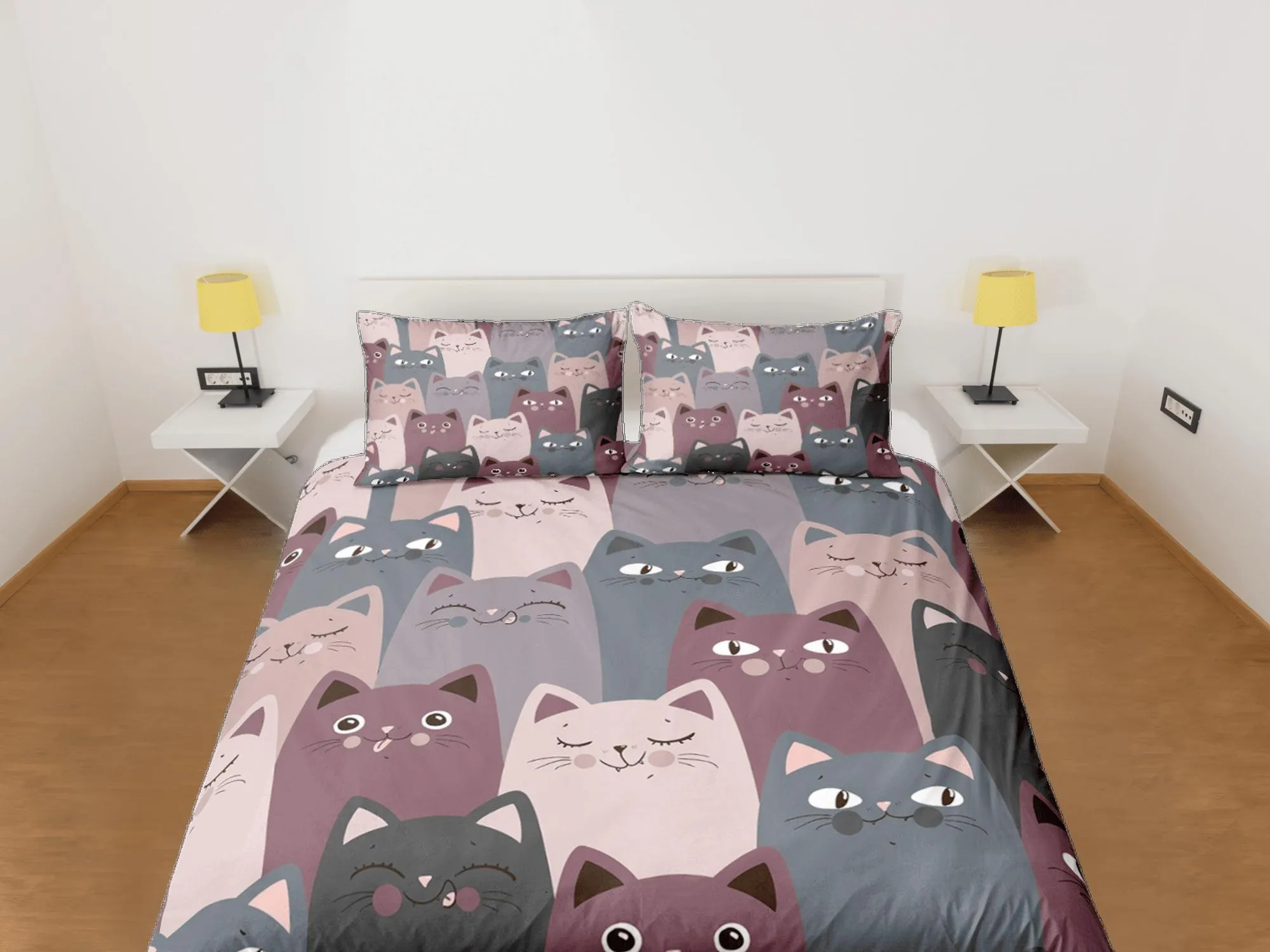 Cat Lover Duvet Cover Set Bedspread, Violet Grey Cute Bedding for Teens Kids Bedroom Comforter Cover