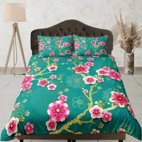 Cherry Blossom Green Duvet Cover Set, Floral Bedspread Dorm Bedding Set