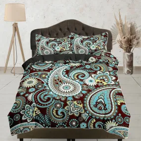 Colorful blue green paisley brown duvet cover set, aesthetic room decor bedding set full, king, queen size, abstract boho bedspread luxury